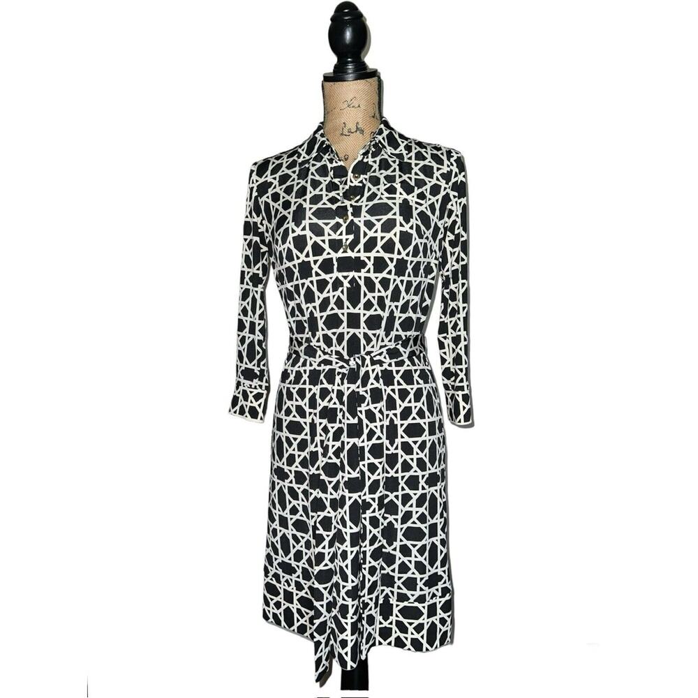 DONNA MORGAN BLACK & WHITE CHAIN LINK STRETCH SHIRT DRESS SIZE 2